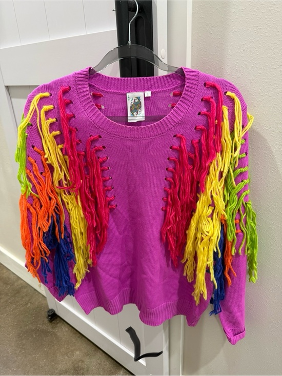 QUEEN OF SPARKLES Sweaters - QUEEN OF SPARKLES Fuchsia Sweater with Multicolor Fringe